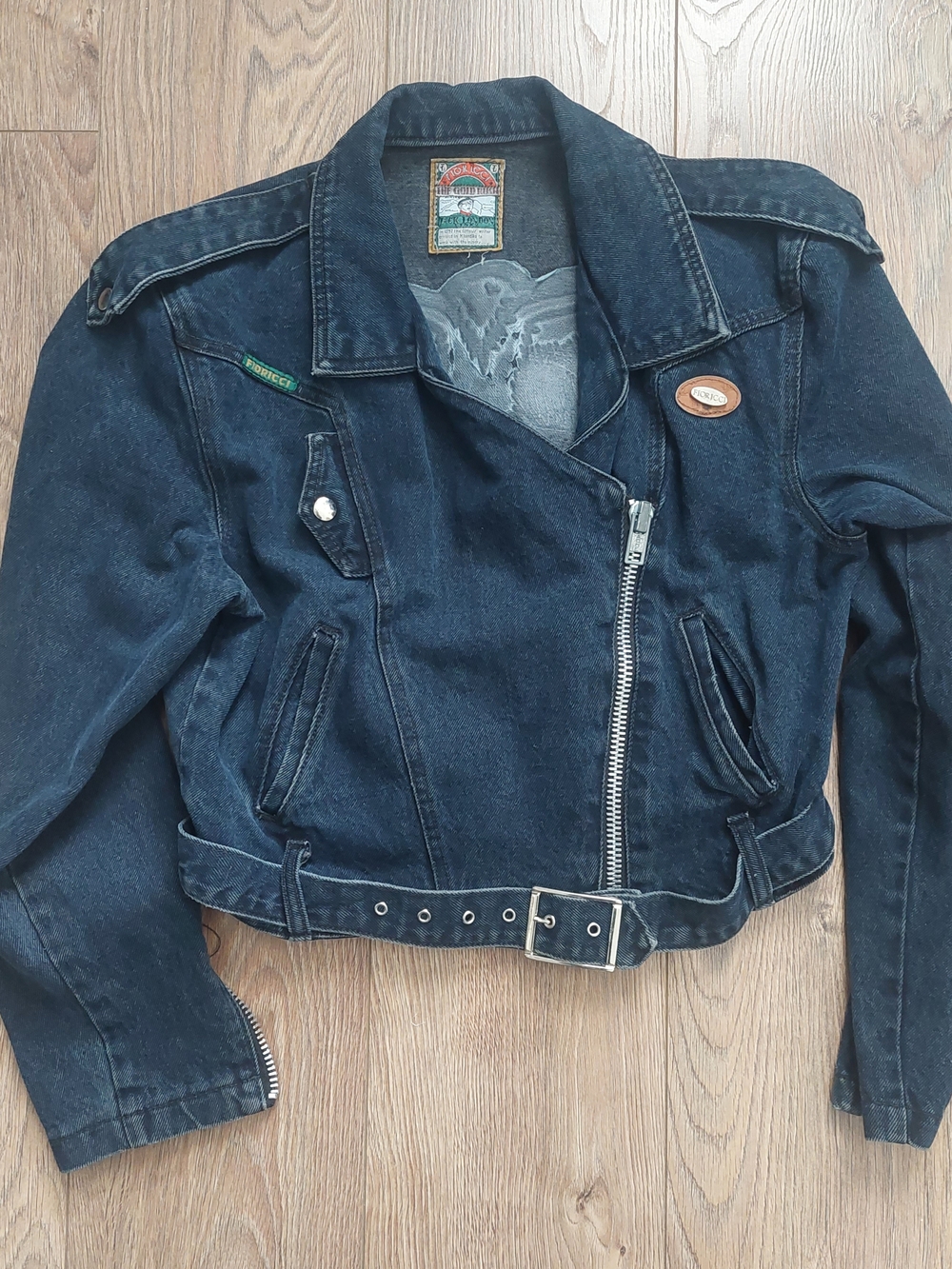 Vintage Dark Blue Denim Jean Jacket Biker Buckle Moto Biker Cropped Retro Logo